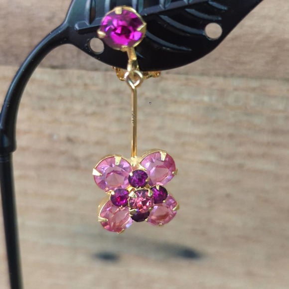 Pink Rhinestone Drop Clip-on Dangle Earrings - Picture 3 of 8